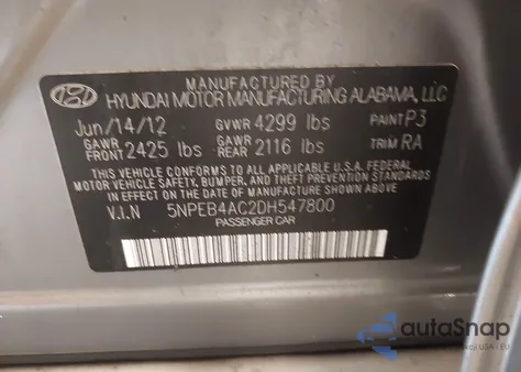 2013 Hyundai Sonata Gls из США, поврежденный, VIN 5NPEB4AC2DH547800